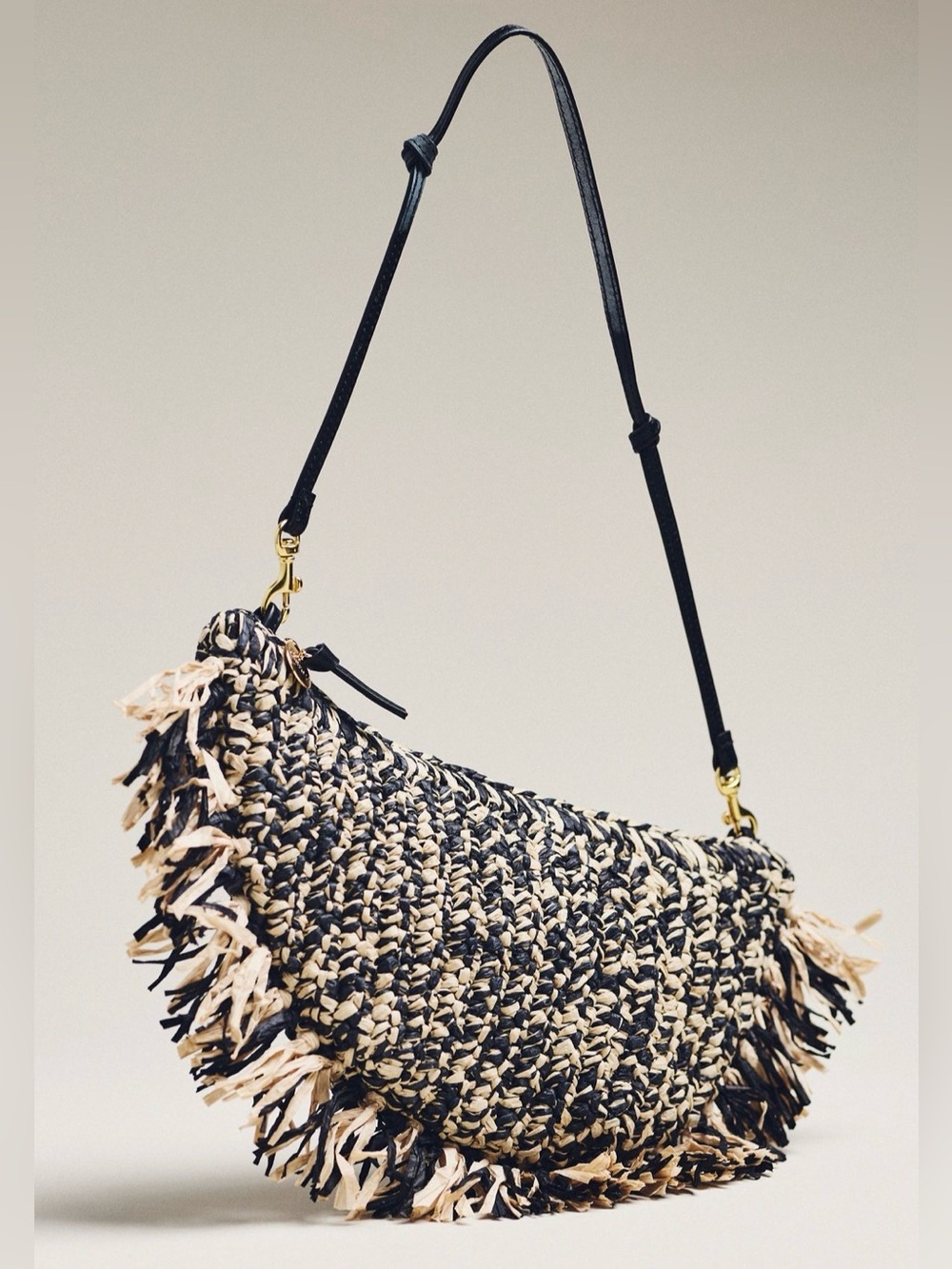 NWT Clare V Lune Fringe Straw Shoulder Bag Black and Beige